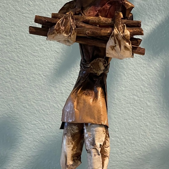Vintage Other - Mexican folk art paper mache villager figurine carrying a stack of wood, Vintage
